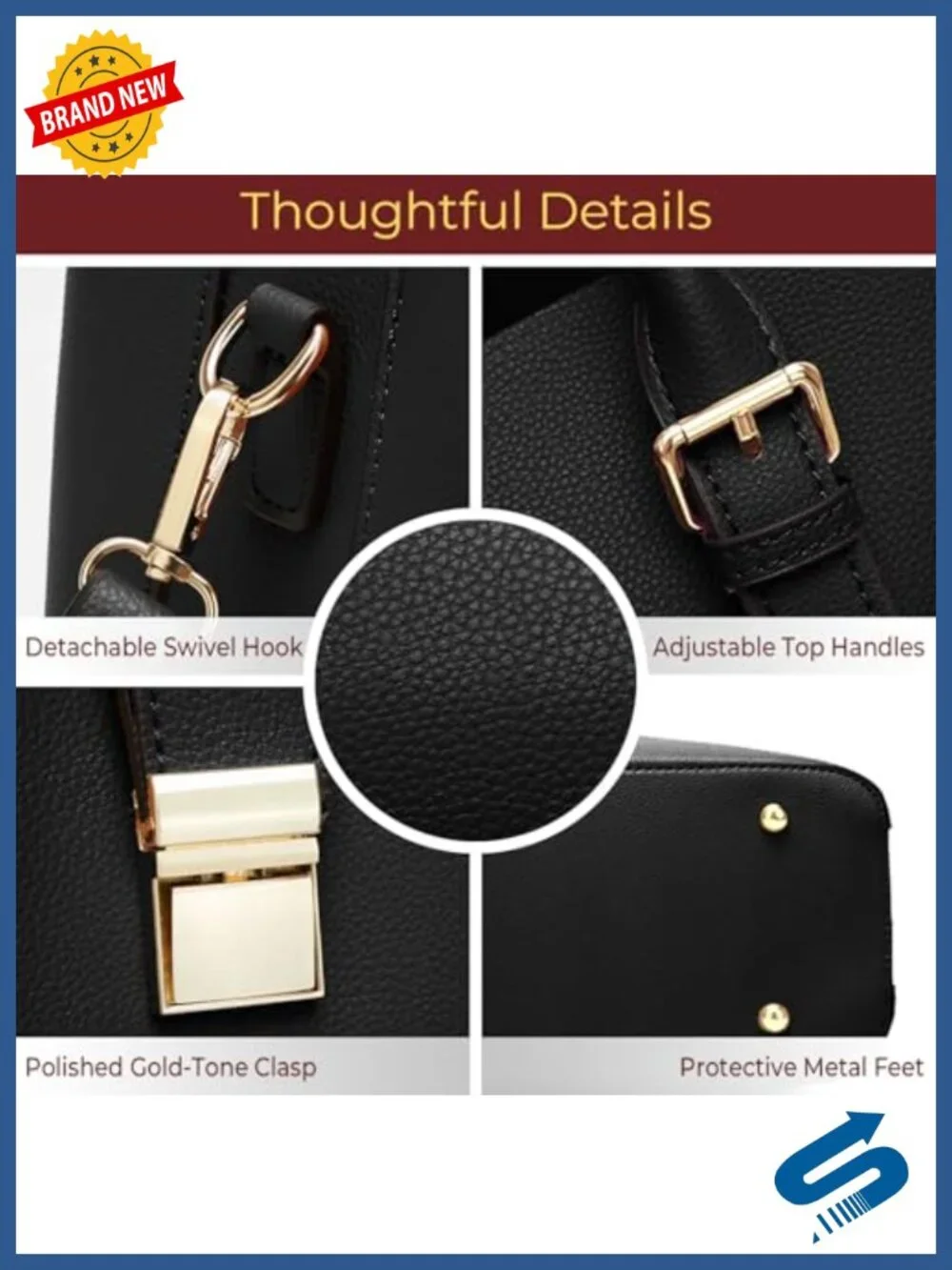 Vegan Leather Tote Handbag for Women, Medium Top Handle Purse with Detachable